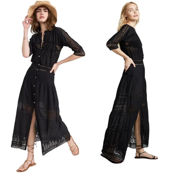 LoveShackFancy Beth Maxi Dress black size L large black cotton sheer voile shirt - Picture 1 of 16